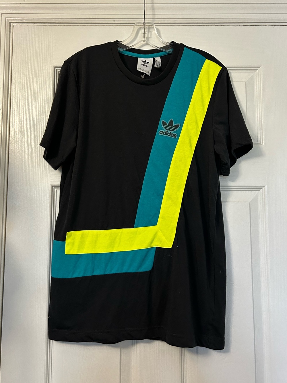 Adidas Men’s Black Tee with Teal and Neon Yellow Stripe